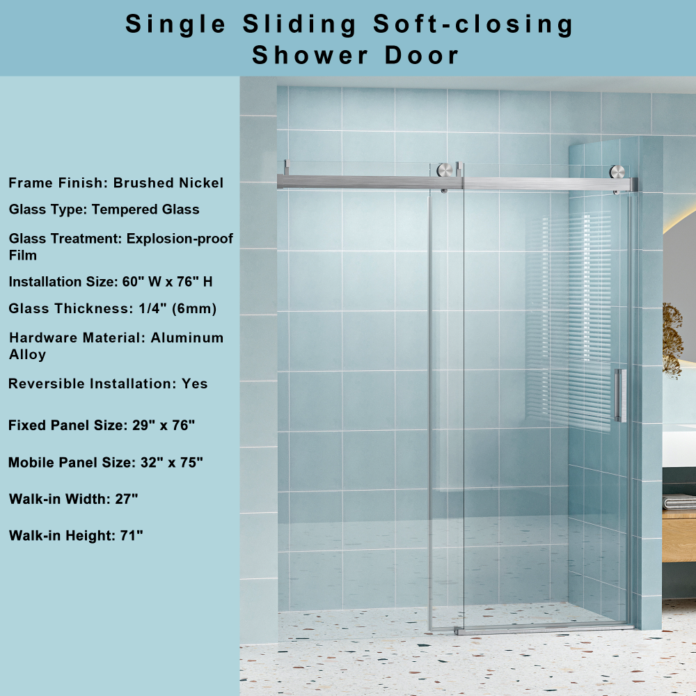56" - 60" W x 76" H Frameless Shower Door Soft-closing Single Sliding, 1/4" (6mm) Tempered Glass with Explosion-proof Coating, 24D01-60BNX Brushed Nickel