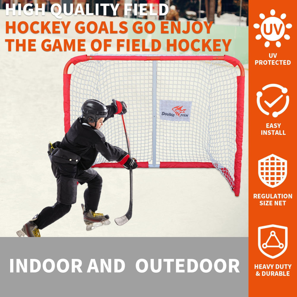 DOUBLE FISH Premium Steel Street Hockey Goal Set - 72"x48", Indoor/Outdoor, Durable & Portable with Reinforced Net And Easy Assembly