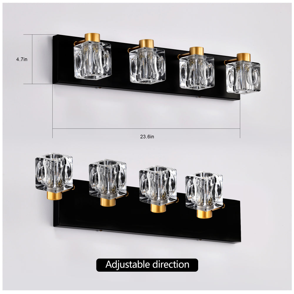 4-Light Matte Black + Gold Bathroom Light Fixtures, Modern Vanity Lights with Crystal Glass Shade, Vintage  Light Fixture Bathroom Over Mirror Wall Lights for Kitchen Dinning Room Bedroom Hallway