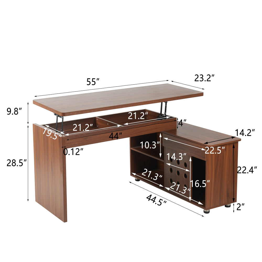 55.1''L, Home Office L-Shaped Versatile Desk Height Adjustable Extendable Desk with Storage Drawers and Cabinet, Walnut
