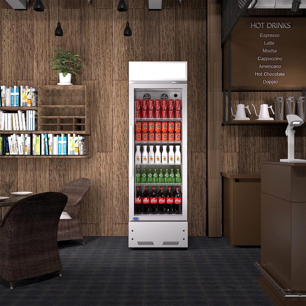 Refrigeration Glass 1 Door Upright Display Beverage Cooler Merchandiser with LED Lighting, 16.5 Cubic Ft., ETL Approved, Silver