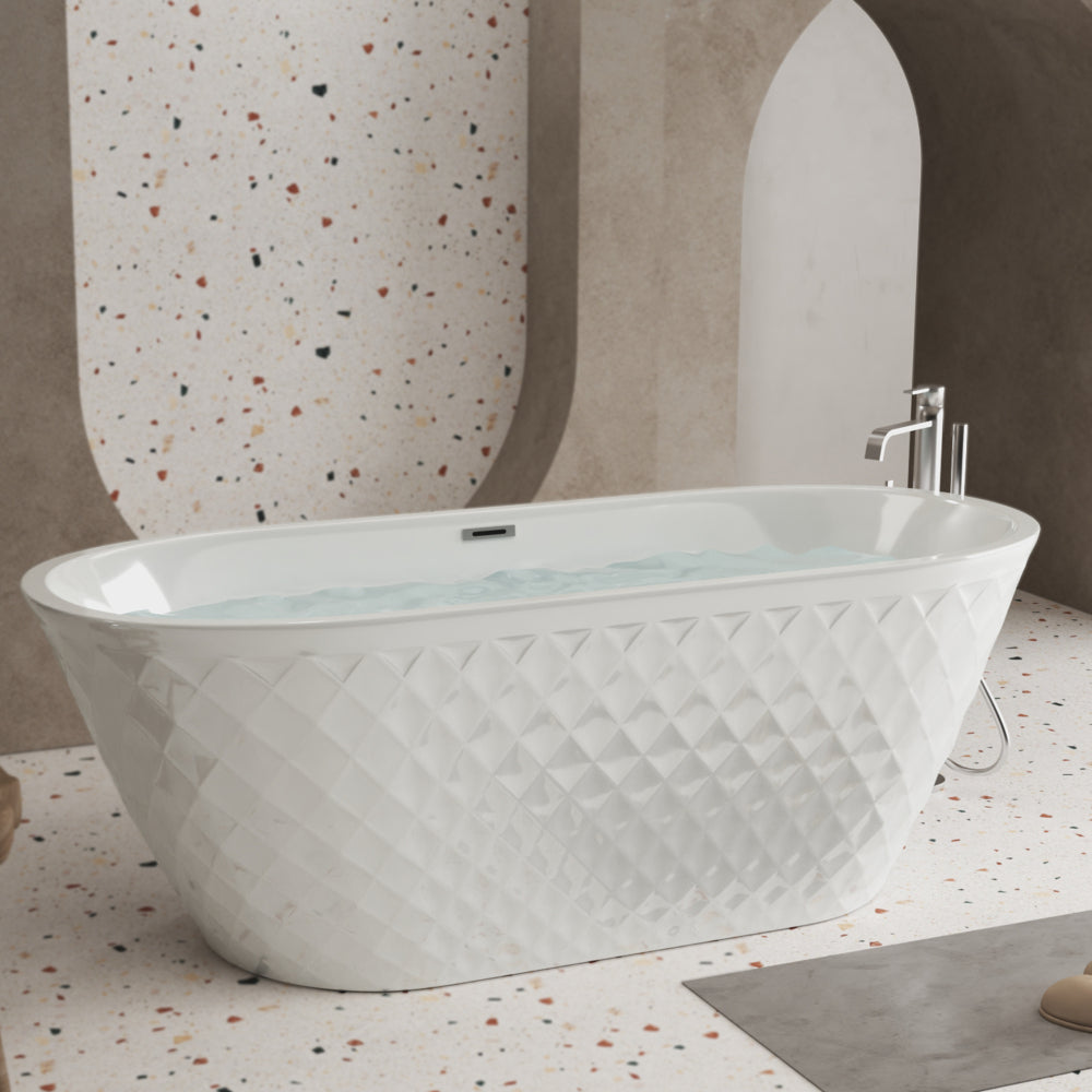 67'' acrylic freestanding bathtub with unique diamond pattern design: spacious oval shape,  Gloss white finish, Chrome overflow and pop-up drain CUPC Certificate