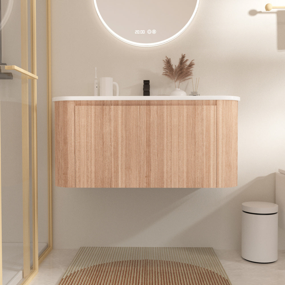 Arcora 36 Inch Wall Mounted Bathroom Vanity with Sink Curved Design, Wave Texture Wood Finish, Integrated Cultured Marble, Pre-Assembled, Modern Floating Vanity Cabinet with Soft Close Drawer