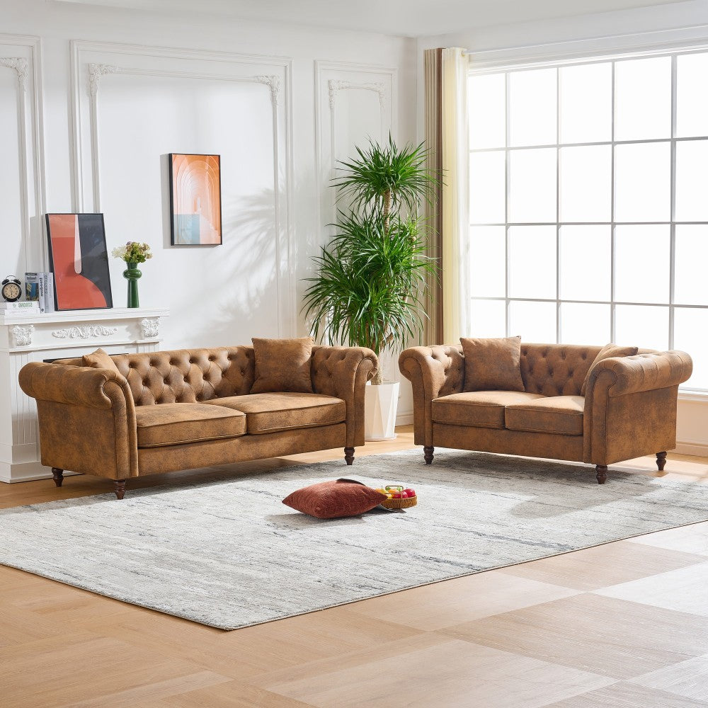 66"Chesterfield ‌Faux Leather Sofa,High-tech Fabric Roll Armrest Sofa,Upholstered Mid Century Modern Couch,2 Seater Couch for Living Room, Office, Apartment, Brown