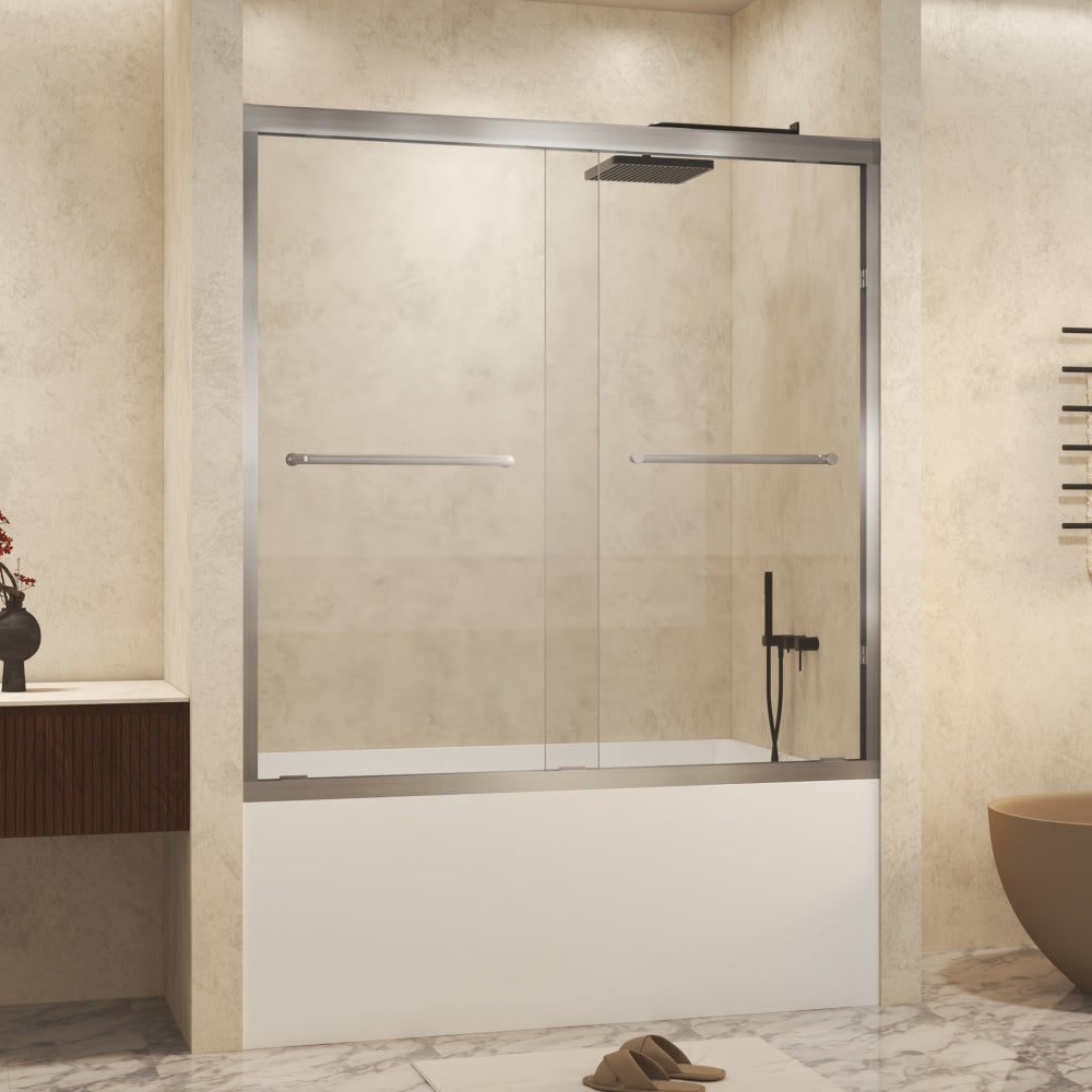 56-60" x 60" Tempered Glass with Explosion Proof Film, Aluminum Frame Double Sliding Shower Door, "1/4 (6 mm), Stainless Steel handle,Brushed Nickel