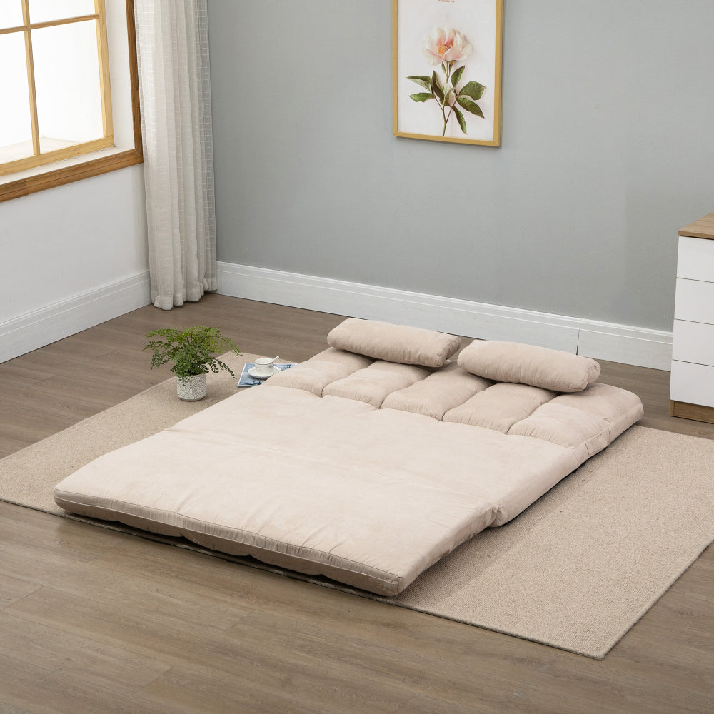 HOMCOM Convertible Floor Sofa Chair, Folding Couch Bed, Guest Chaise Lounge with 2 Pillows, Adjustable Backrest and Headrest, 51.25" L, Beige