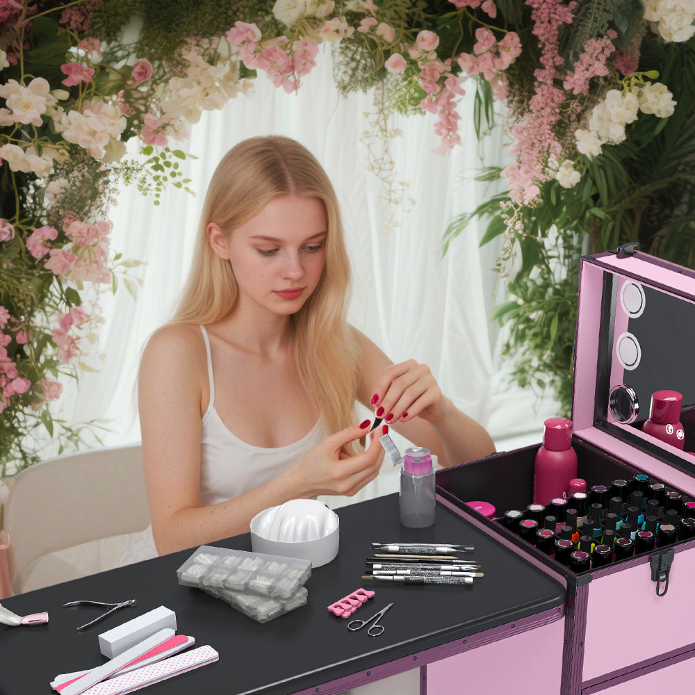 Portable Nail Art Table w/ LED Mirror, Bluetooth, Lockable Drawers, Telescopic Pole - Folding Manicure Station for Salons  (Pink)