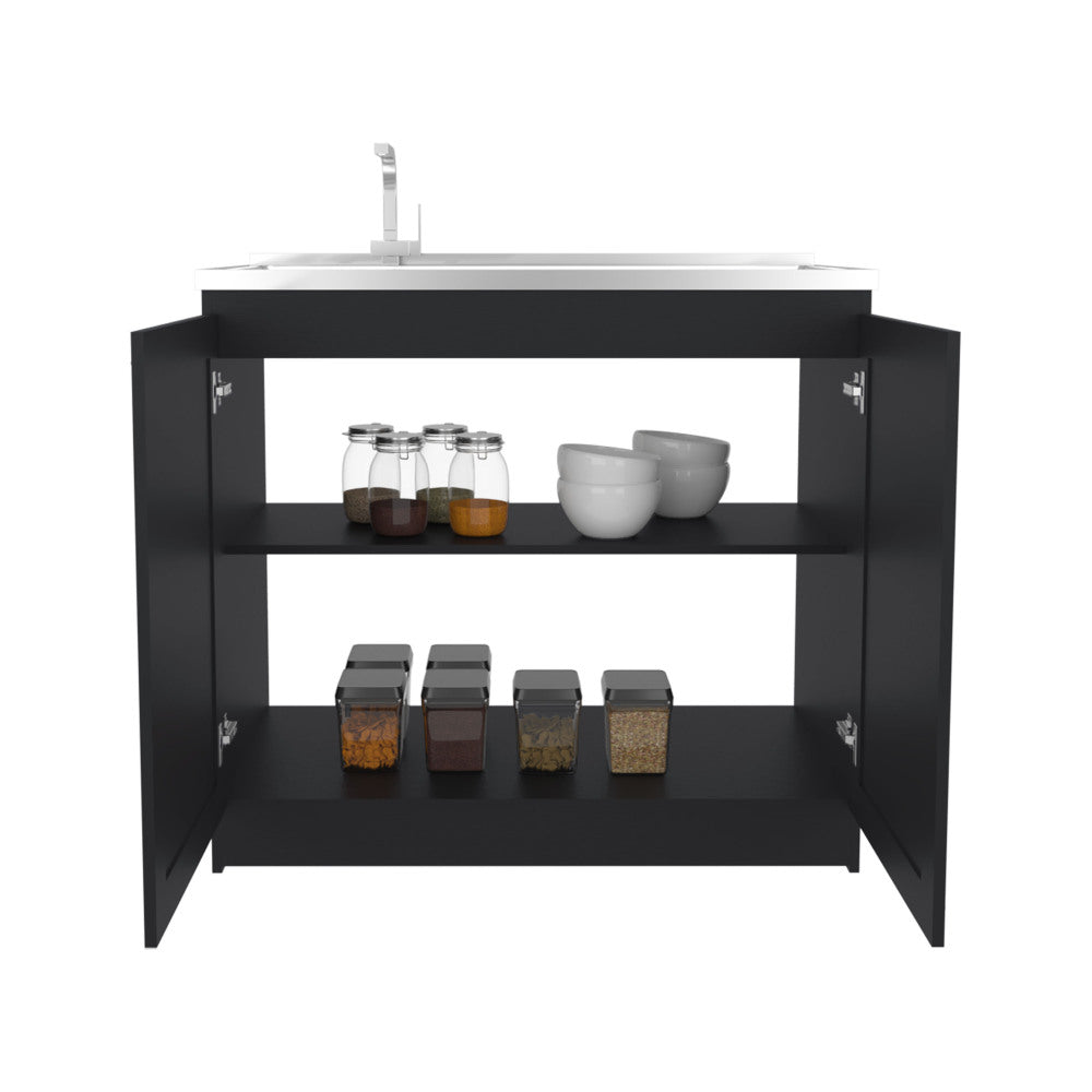 Zurich 39" Wide Utility Sink, Base Cabinet Two-Door Cabinet With Two Shelves, Stainless Steel Sink, Laundry Room, Garage Sink, Black