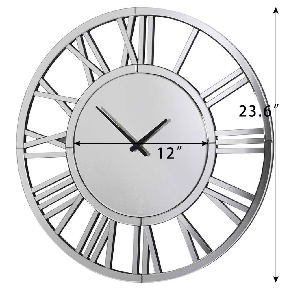24" Large Wall Clock Decorative, Mirrored Wall Clock for Living Room Decor, Big Silver Modern Wall Clocks Decor, Hour and Minute Hand, Battery Operated