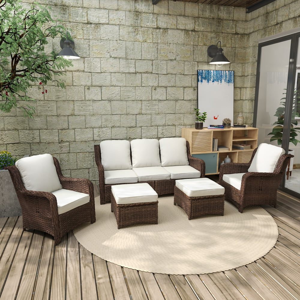 Patio Furniture Set Rattan Outdoor Sectional Conversation Sets 3-Seat Outdoor Couch,2 Single Chair and 2 Ottoman for Lawn, Balcony, Garden, Backyard (Gray-Navy, Set of 5)
