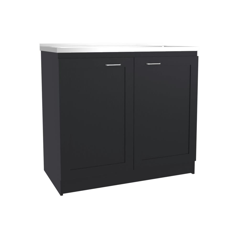 Zurich 39" Wide Utility Sink, Base Cabinet Two-Door Cabinet With Two Shelves, Stainless Steel Sink, Laundry Room, Garage Sink, Black
