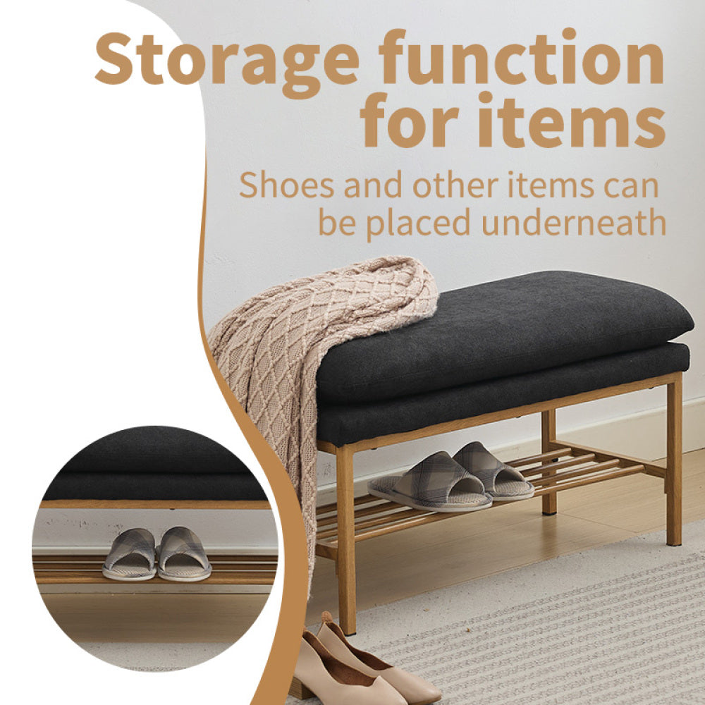 End of Bed Bench with Shelf, Linen Upholstered Storage Shoe Bench, Modern Bedroom Bench with Metal Legs for Living Room, Entryway, Dining Room, 300 LB, Linen Color(Black)
