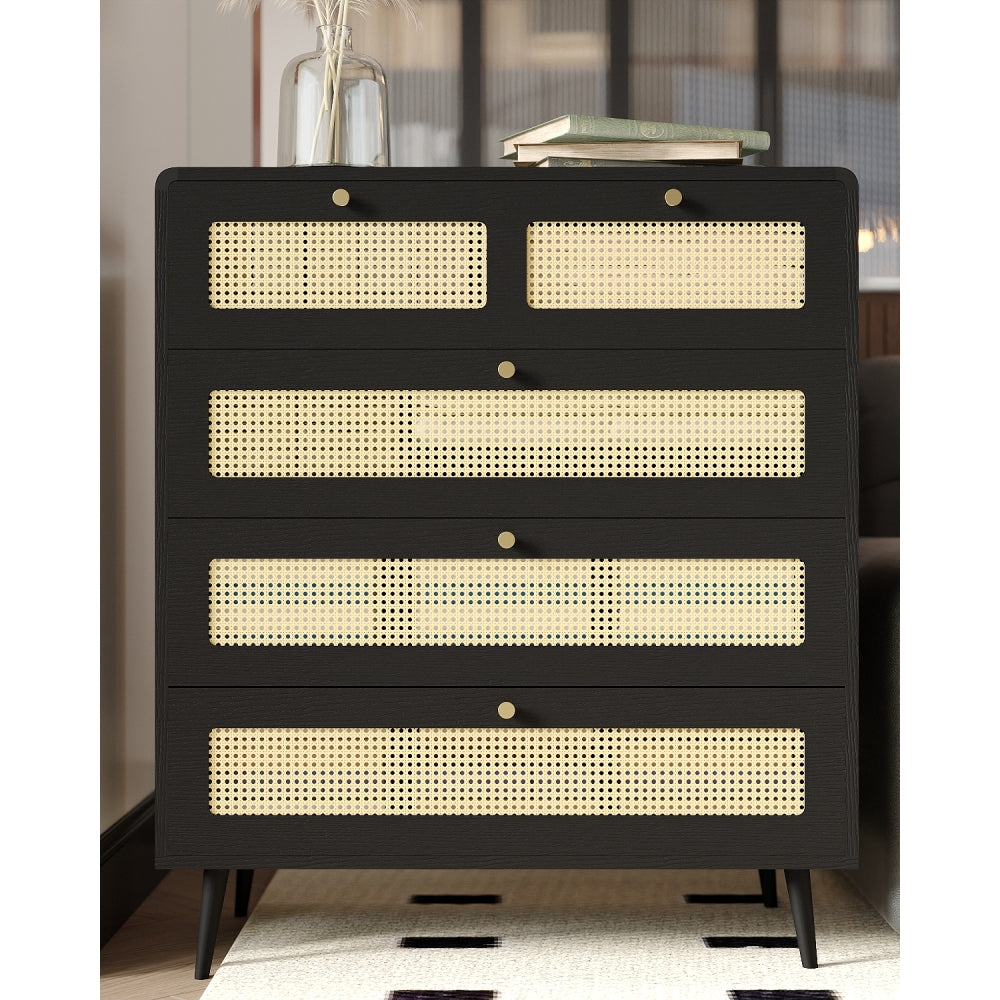 4 Drawer Dresser, Modern Rattan Dresser Chest with Wide Drawers and Metal Handles, Farmhouse Wood Storage Chest of Drawers for Bedroom, Living Room, Hallway, Entryway