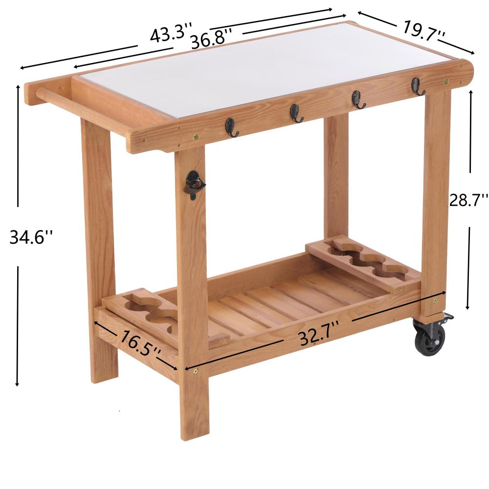 Outdoor Wooden Garden Cart Table with Wheels, Metal Top and Storage Hook, for Patio Backyard Garden