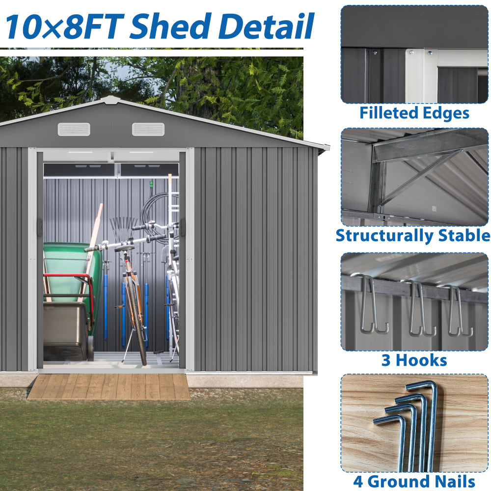 10X8 FT Outdoor Tool Storage Shed with Metal Foundation & Lockable Doors,  All Weather Metal Sheds for Garden, Patio, Backyard, Lawn, Gray