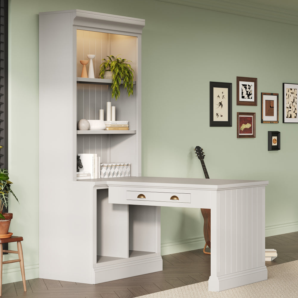 83.4"Tall Bookshelf with Writing Desk, Modern Bookcase with Study Desk, Workstation with Storage Shelf,Storage Bookcase with Open Shelves and LED Lighting for Living Room,Home Office,White