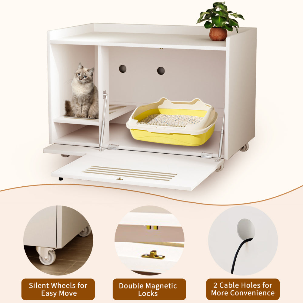 White Cat Litter Box Enclosure,Hidden Litter Box Furniture with top side fence,Wooden Pet House Side End Table, Storage Cabinet Bench for Living Room,,Bedroom, Fit Most of Litter Box