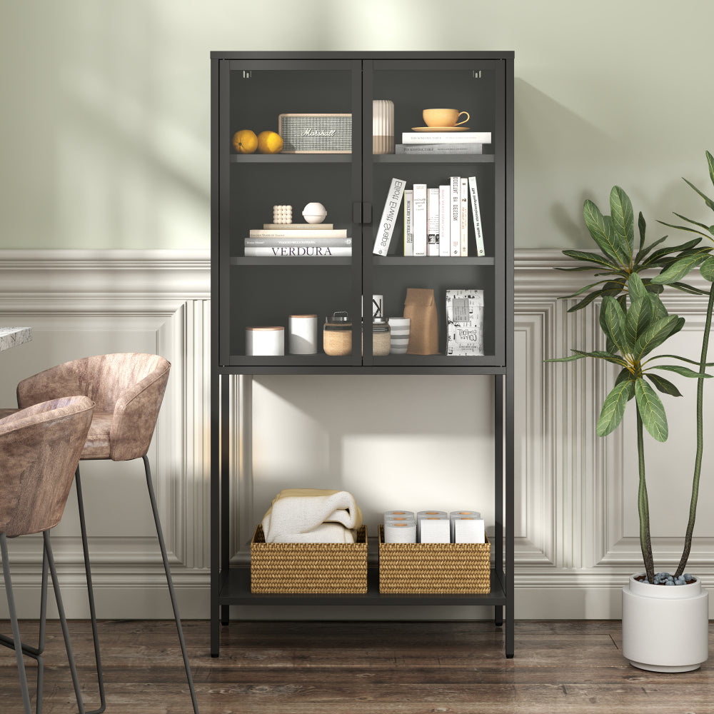 59"H Heavy Duty Metal Storage Cabinet,Sideboards & Buffet,Display Storage Cabinet with Glass Doors and 2 Adjustable Shelves, Tall Bookcase Modern Bookshelf Cabinet for Home Office, Living Room