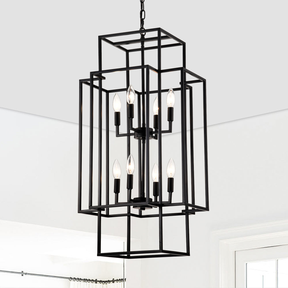 8-Light Metal Lantern Tiered Pendant Hanging Light Fixtures, Industrial Farmhouse Adjustable Height  Chandeliers for Dining Room Hallway Foyer Entryway--Matte Black (E12 Bulbs Not Included)