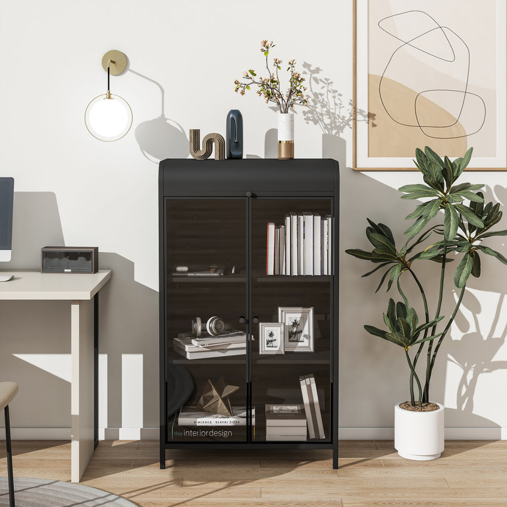 47.6" Tall Metal Storage Cabinet with Glass Doors & Flip-Top, 4-Tier Display Cabinet with Open Shelves, Freestanding Steel Sideboard Buffet for Kitchen, Living Room, Home Office, Dining Room, Bathroom
