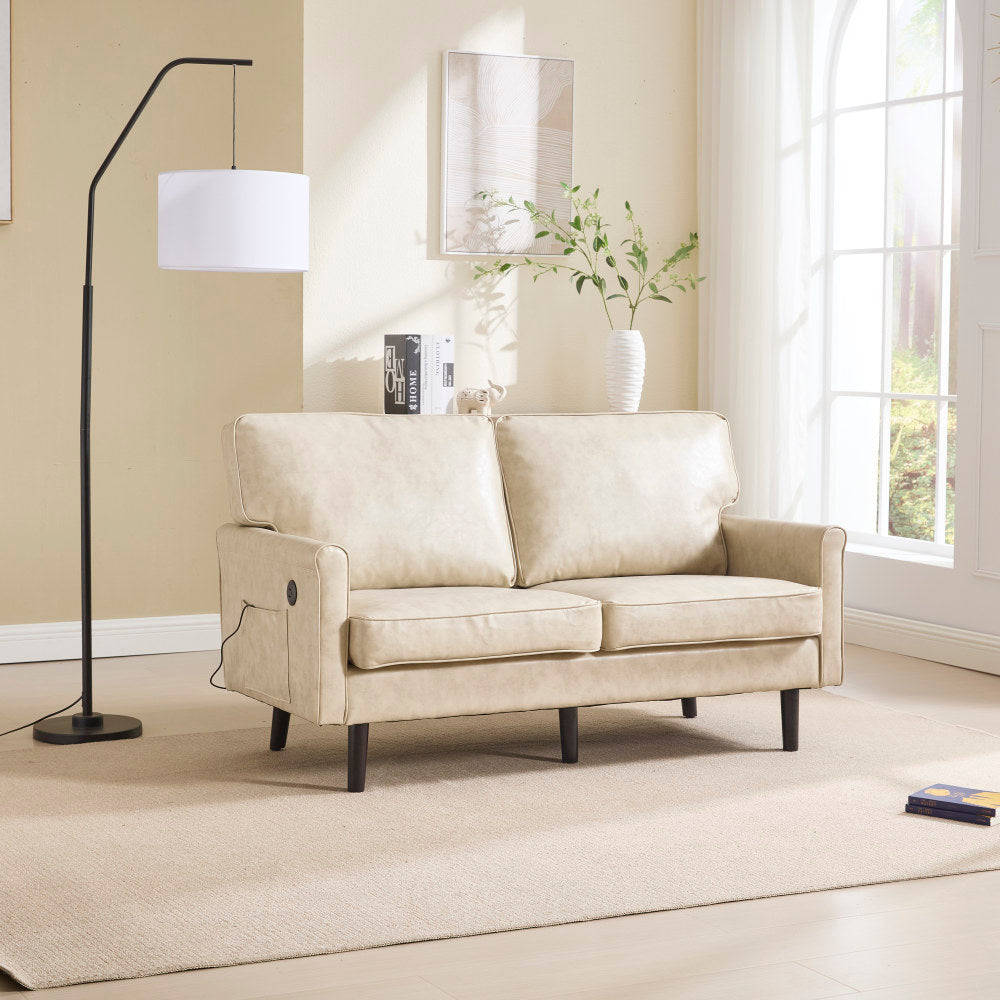 Loveseat Sofa, Mid Century Modern Love Seat, 2 Seater Sofa Couches for Living Room, Small Couch with USB & Removable Pillow Cover, Comfy Couch for Bedroom, Apartment (Beige)