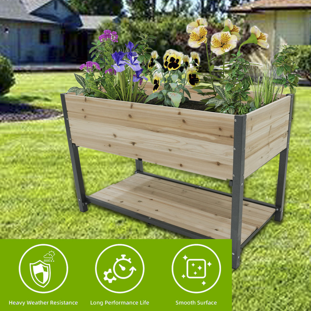 New style:     45"  Iron-wood combined growing beds with feet and storage racks. Suitable for various places such as gardens, backyards, terraces, balconies, etc.