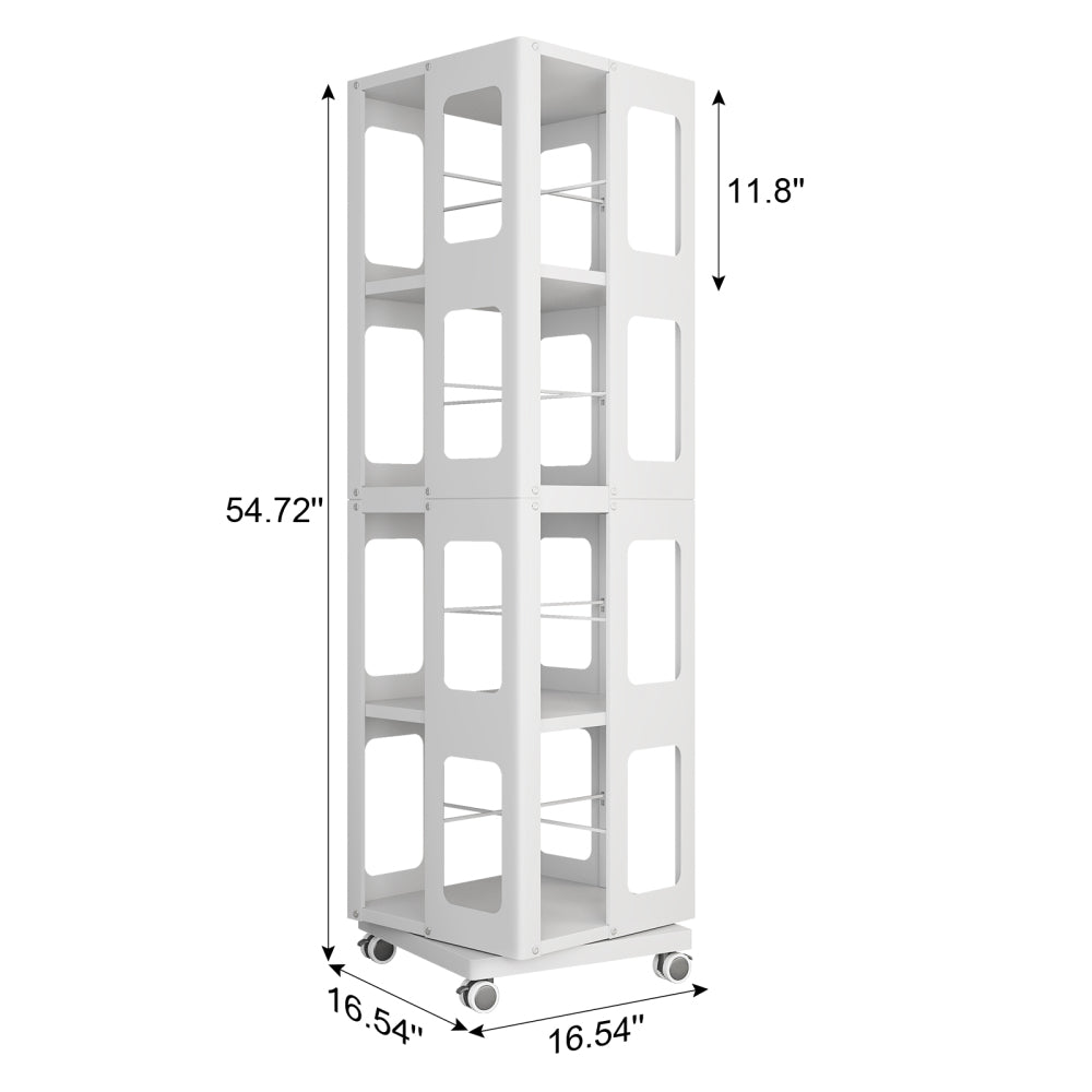 4-Tier All-Steel Rotating Bookshelf with 360° Wheels, Large Size Sturdy & Spacious Book Rack, New Style White Bookshelf,Easy Assembly