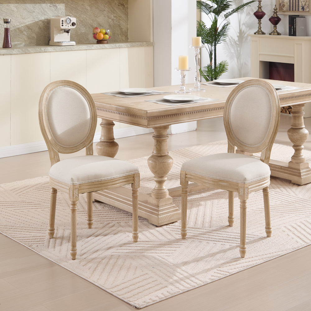 French Country Dining Chairs Set of 2, Upholstered  Chairs with Nature Rattan Round Back, Wire drawing and carving techniques ,Disassemblable ,  for Living Room, Kitchen , Restaurant Use,Beige