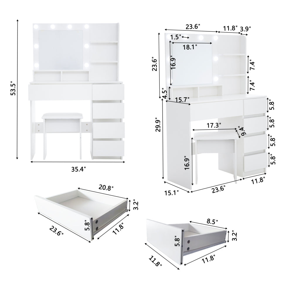 Vanity, Makeup Vanity Desk Set with Mirror & Light, Dressing Table Storage Lots with Power Strip, 3 Lighting Modes with Adjustable Brightness, 37 Inches  (White with Stool)