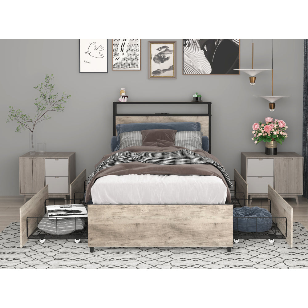 Full Bed Frame, Storage Headboard with Charging Station, Solid and Stable, Noise Free, No Box Spring Needed, Easy Assembly