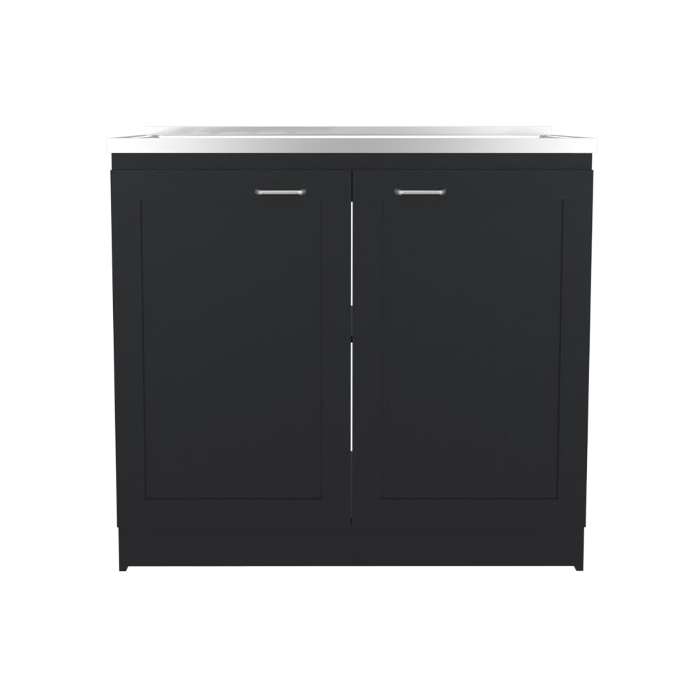 Zurich 39" Wide Utility Sink, Base Cabinet Two-Door Cabinet With Two Shelves, Stainless Steel Sink, Laundry Room, Garage Sink, Black