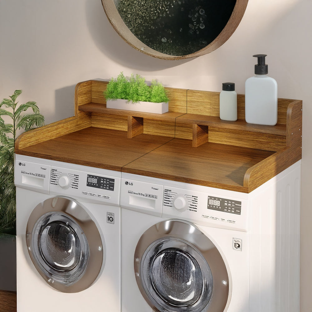 Washer Dryer Countertop with Non-slip Pads, Laundry Wood Shelf Topper with Edge, 54" Width x 27.5" Depth Double Layer Organizer for Washer and Dryer Laundry Hamper Counter Storage Organization(WALNUT)