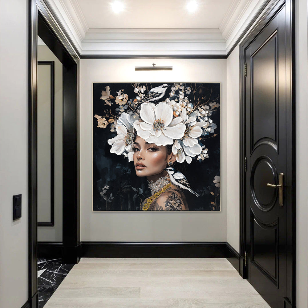 Floral Woman Canvas Wall Art Black and White Bird Tattoo Portrait Modern Aesthetic Artwork for Living Room Bedroom Office Art oil painting decorative picture