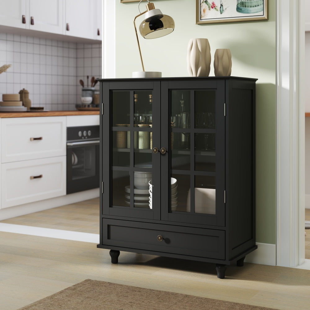 Minimalist White Buffet Cabinet with Double Glass Doors and Drawer, Modern Wooden Storage Sideboard Cupboard for Living room, Dining Room Hallway Entryway