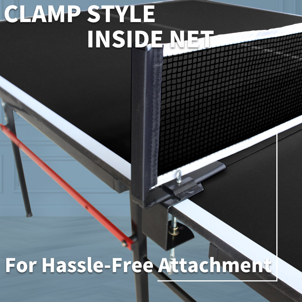 8ft Black Mid-Size Table Tennis Table Foldable & Portable Ping Pong Table Set for Indoor Games with Net, 2 Table Tennis Paddles and 3 Balls