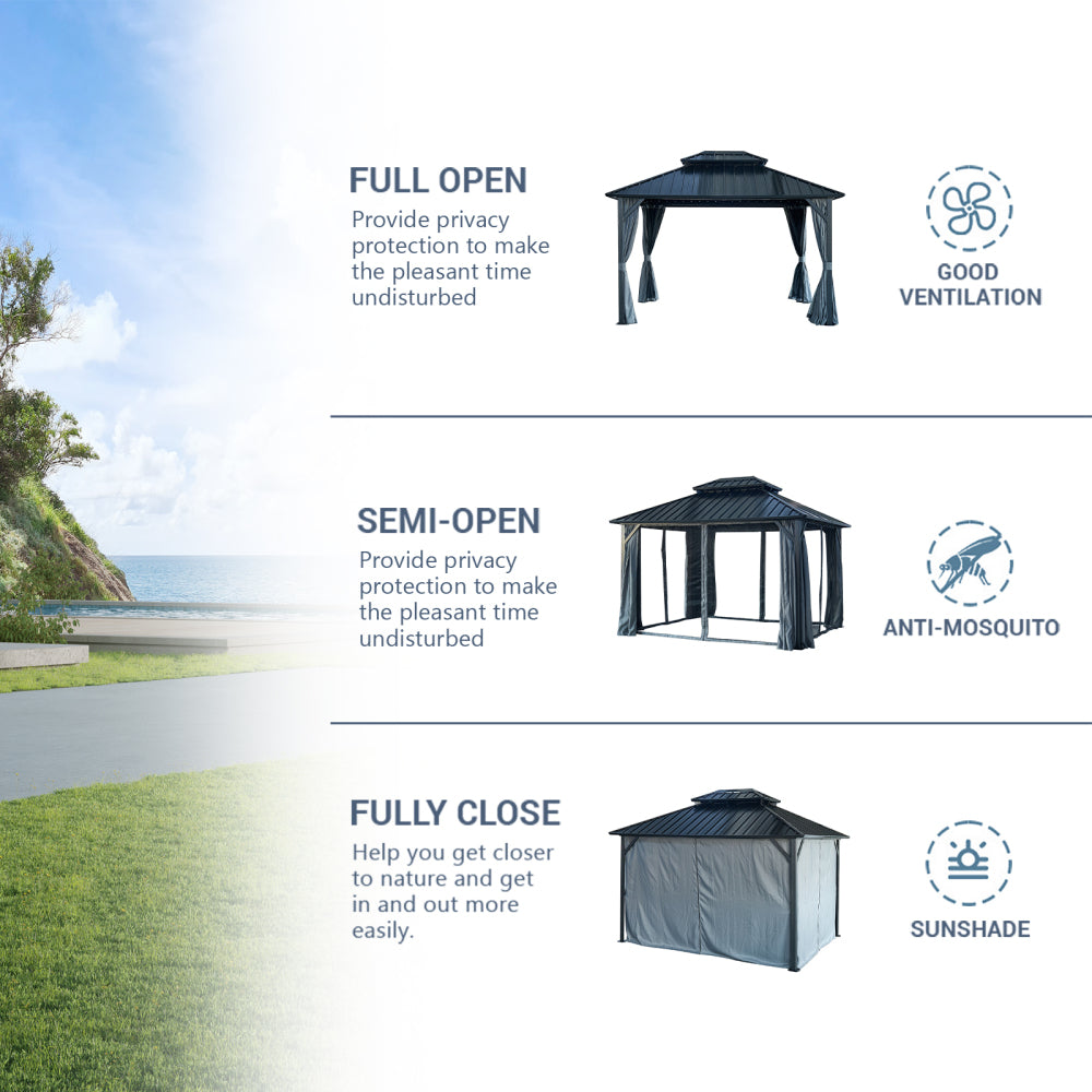 12' X 12' Hardtop Gazebo with Galvanized Steel Double Roof, Sturdy Aluminum Frame, Curtains, and Netting for Patio, Lawn, and Garden