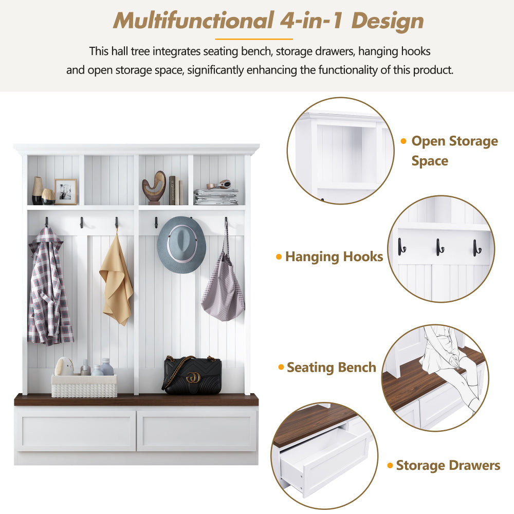[Assembly Video] Farmhouse 4-in-1 Hall Tree with Wood Grain Bench, Mudroom Versatile Coat Rack with 2 Large Drawer, Entrance Organizer for Hallway, Living Room, White, 55.9"W (Same as N721P205660)