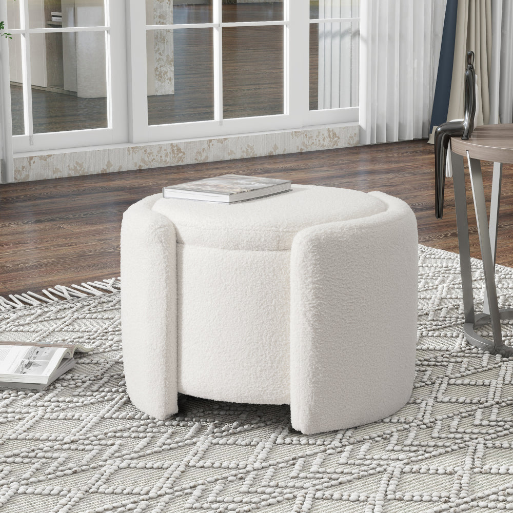 Round Ottoman teddy fleece cushioned footpads living room and bedroom footstool with storage space (Beige)