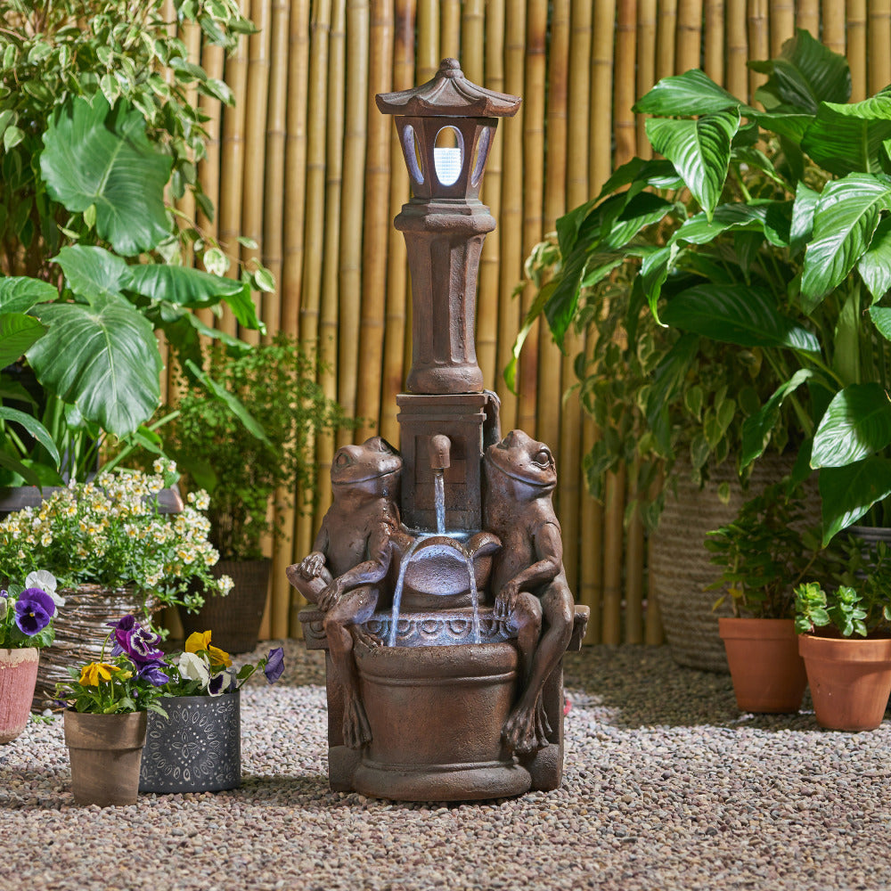 37.25" High Elaine Sapos Fountain, Rustic Multi-Brown, Hand Crafted Resistant Floor Fountain with Light