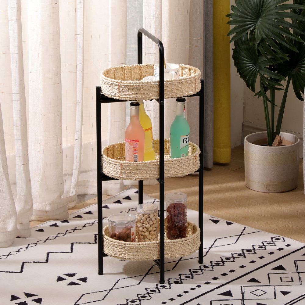 3 Tiers Tray Tables Paper Rope Woven Side Table for Living Room Kitchen Oval Storage Basket Small Shelves (Natural)