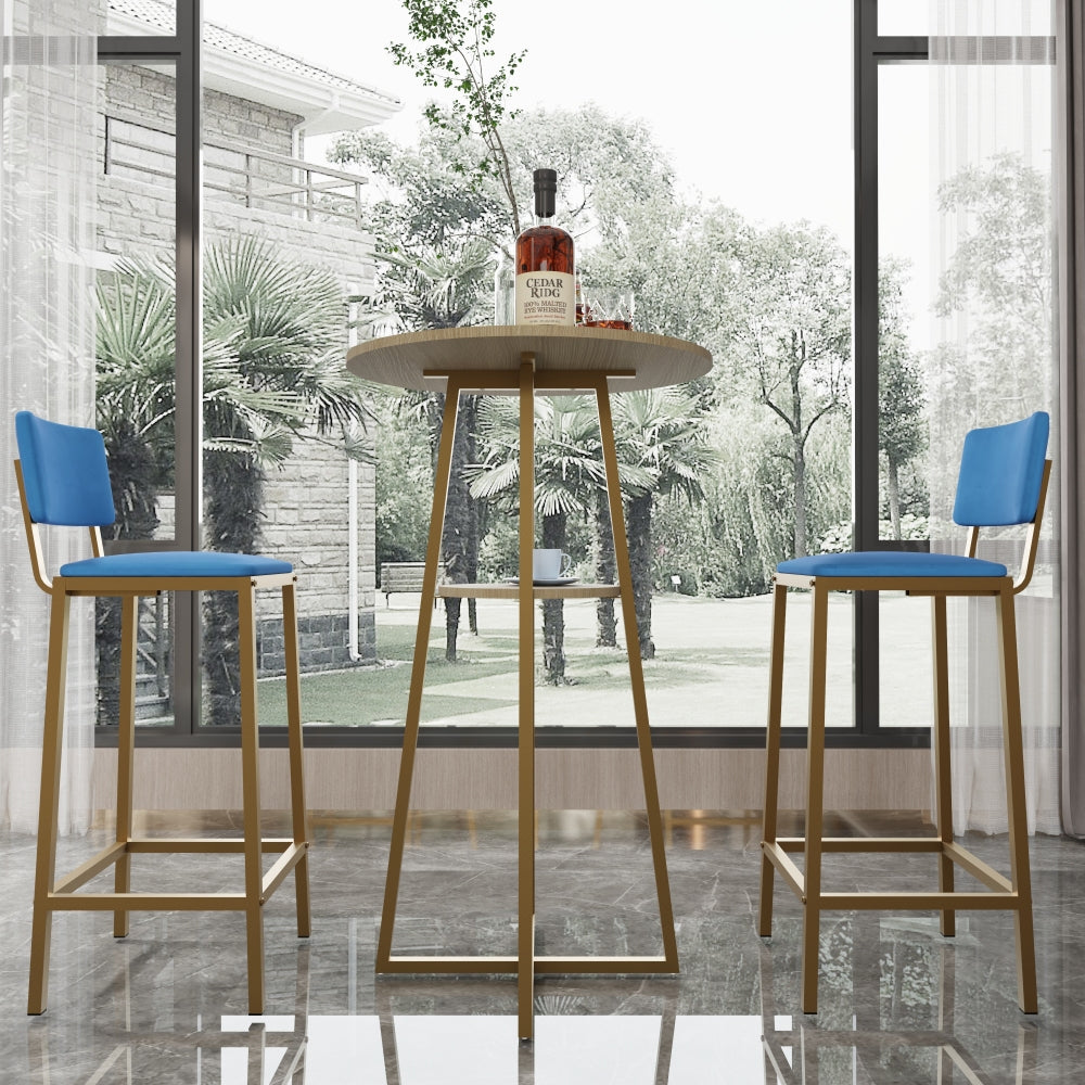 Bar table and chairs three piece set, gold frame, sponge made seat cushions and backrests, bar table with storage function (gold+brown tabletop+blue cushion)