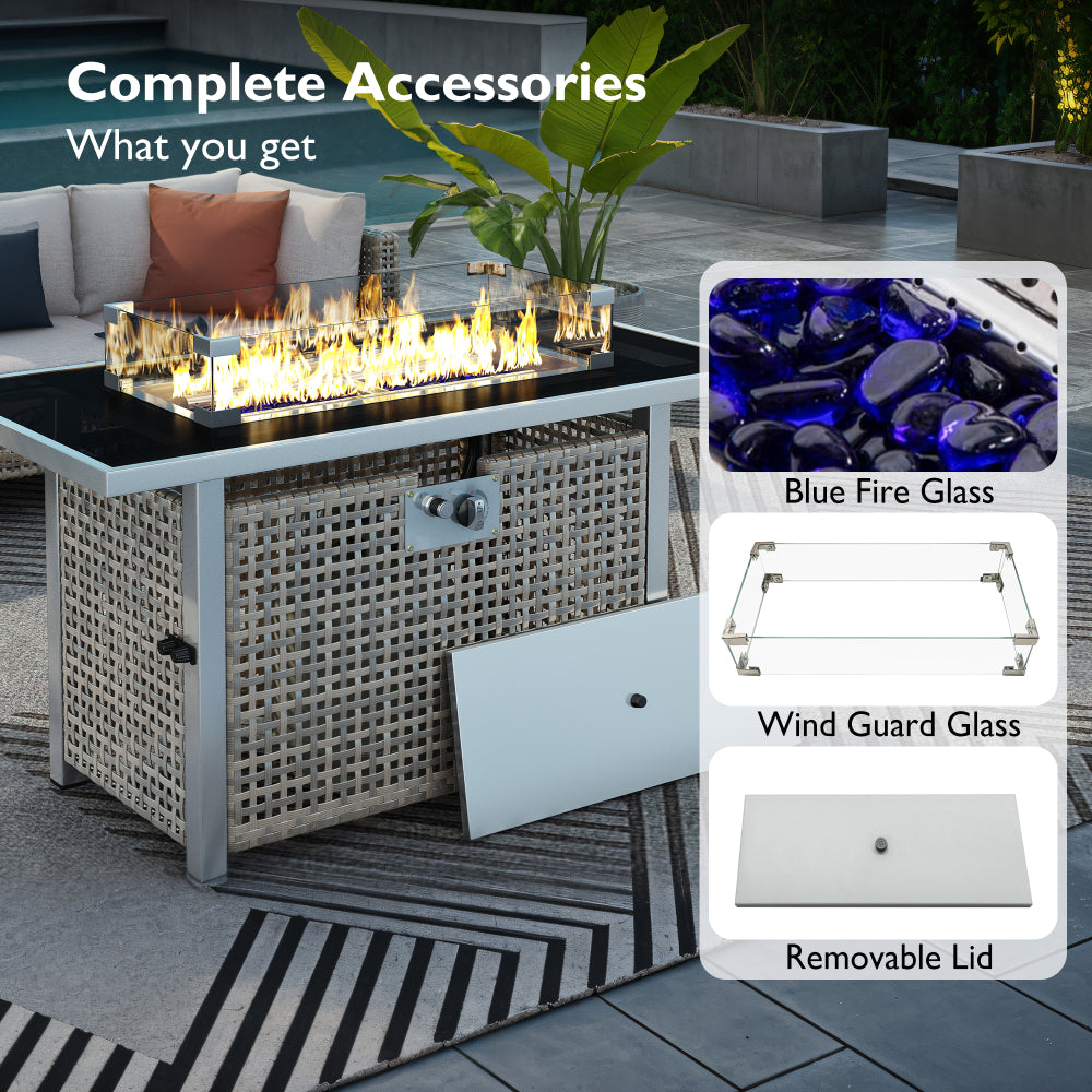 K&K 43" Propane Gas Fire Pit Table, 60000 BTU Rectangular Open Weave Wicker Fire Pit with Glass Wind Guard for Outside Patio Deck Garden Backyard - Grey