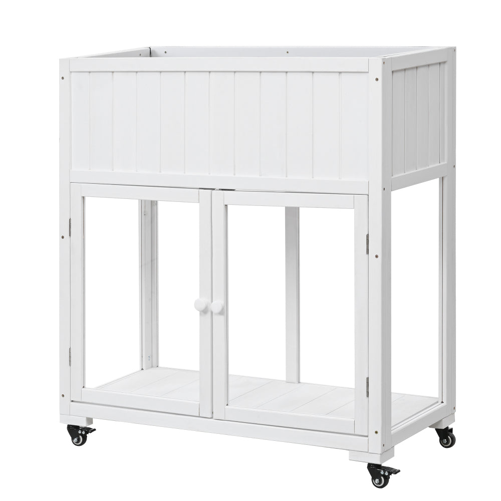 TOPMAX Patio 35.4''x17.7''x37.4'' Mini Wood Cold Frame, Compact 2 Doors Garden Greenhouse with Wheels, Raised Bed with Liner for Indoor Outdoor Use, White