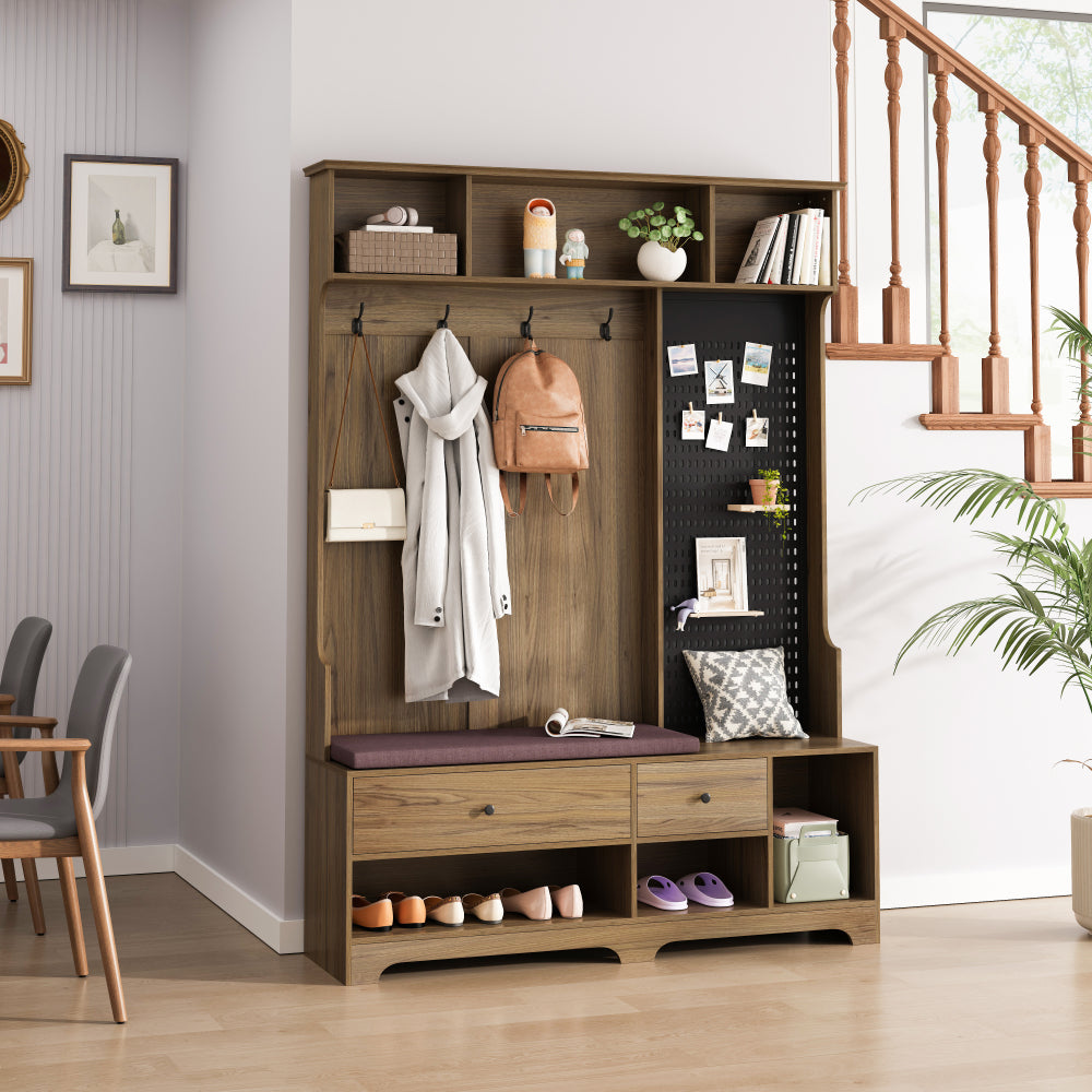 Multi-purpose Hallway Hall Tree with Removable Linen Cushioned Entryway Bench, Coat Rack, Storage Shelves, and DIY Pegboard,for Hallways, Living Room, White
