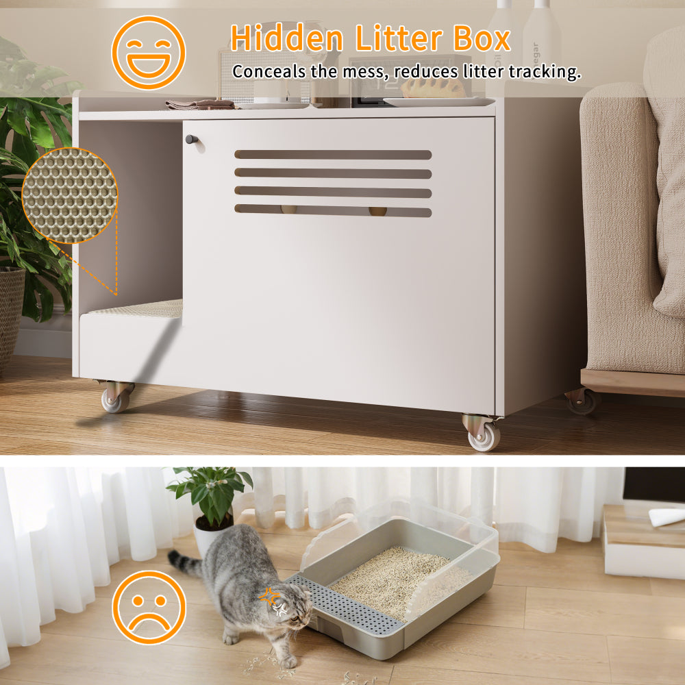 White Cat Litter Box Enclosure,Hidden Litter Box Furniture with top side fence,Wooden Pet House Side End Table, Storage Cabinet Bench for Living Room,,Bedroom, Fit Most of Litter Box