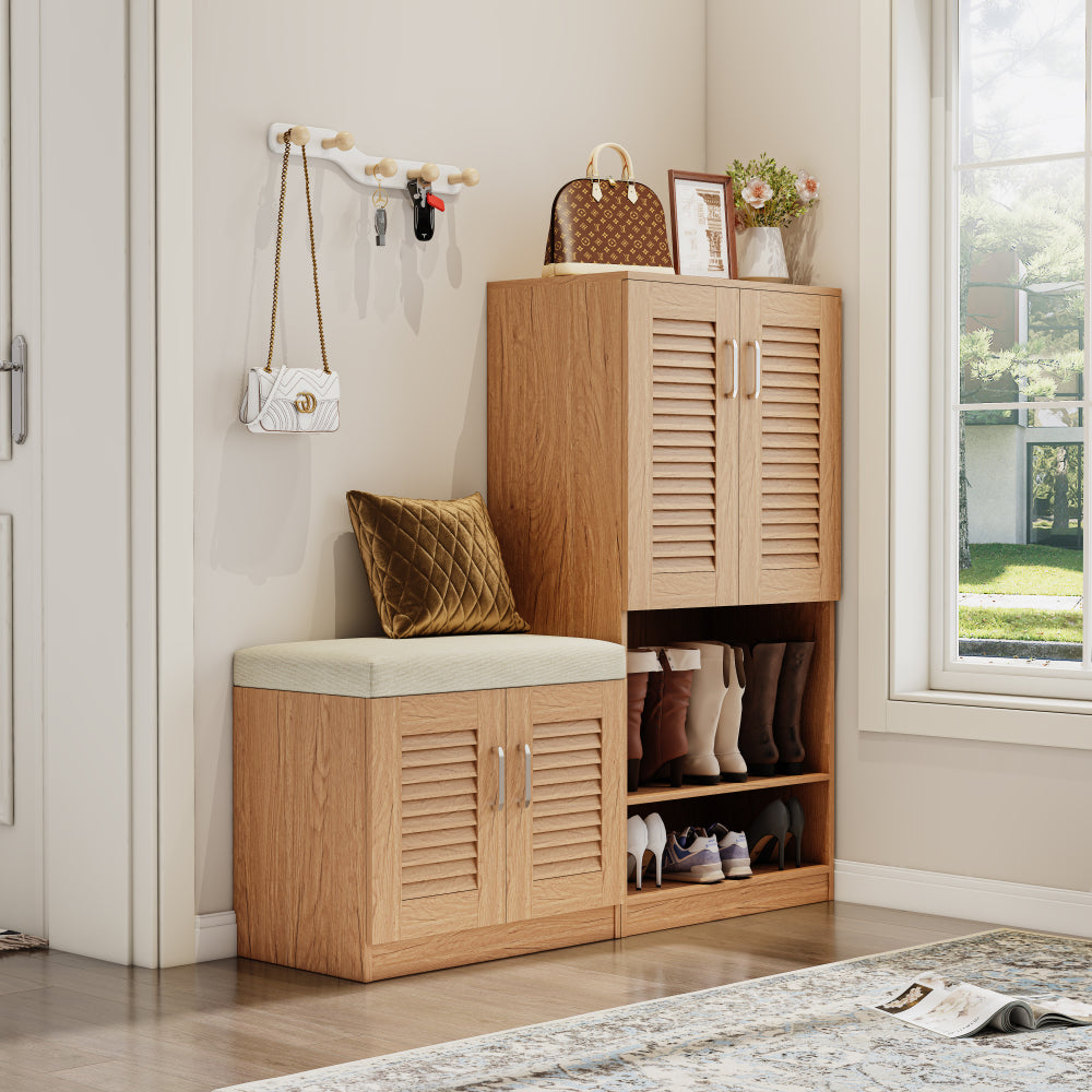 Multi functional Shoe Storage Cabinet with Bench & 7+3 Storage compartment, Adjustable layer board
, Shoe Bench with Cushion for Entryway,  Freestanding Shoe Rack for  Mudroom, Hallway,oak