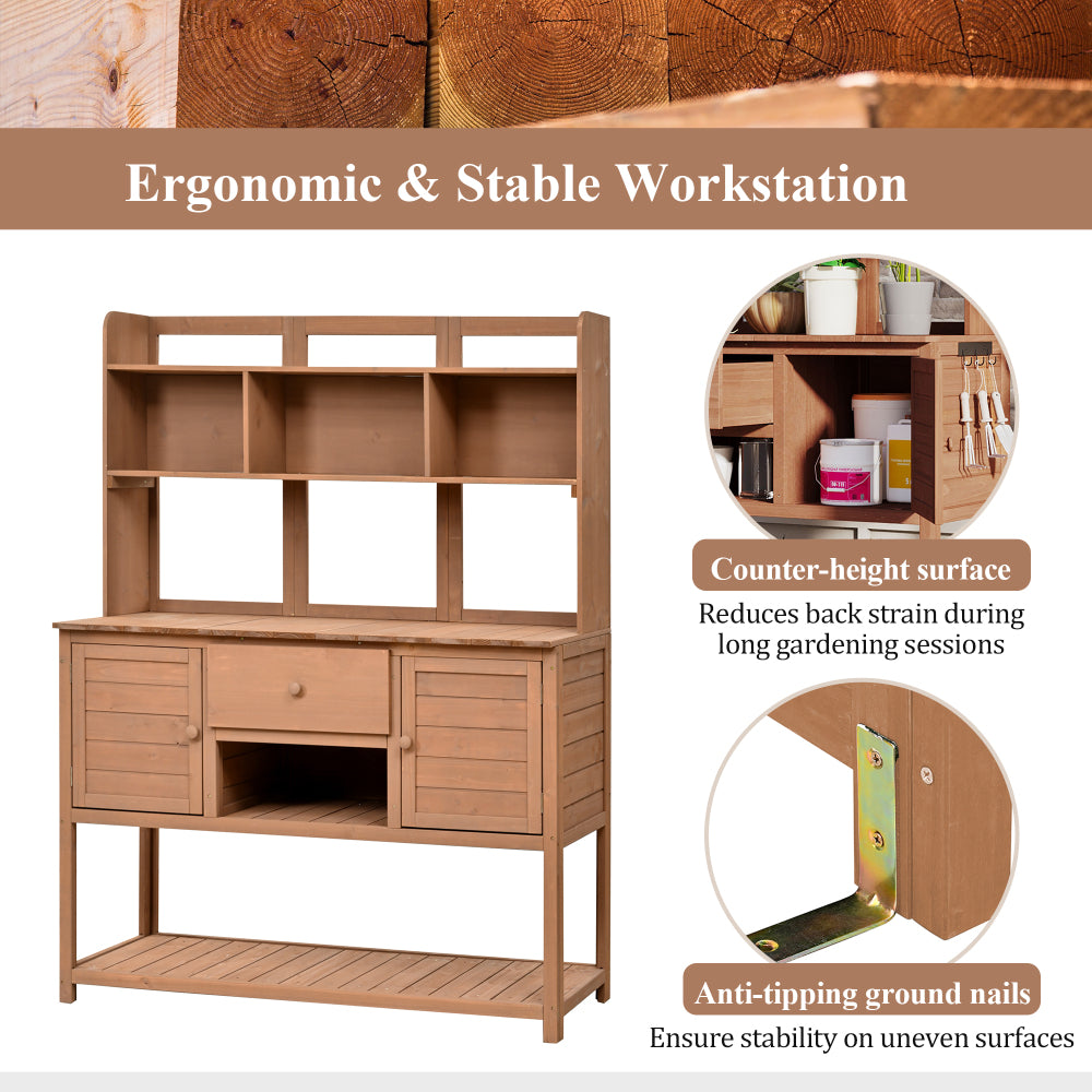 [Assembly Video Available] Topmax Solid Fir Wood Potting Bench Garden Workstation with Hutch, Drawer & Adjustable Shelves, 50.2x19.7x66.1 Inch Outdoor Garden Work Table for Backyard Planting,Brown