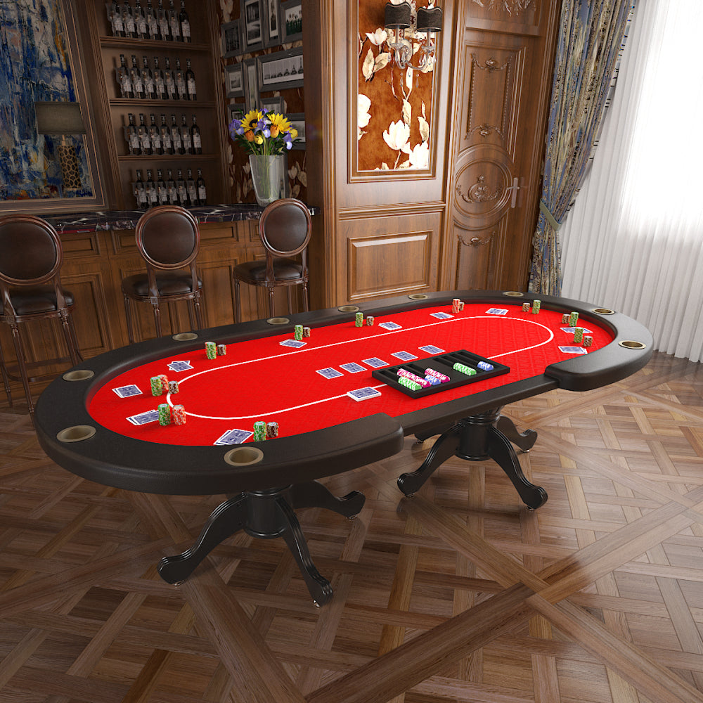 96" Oval Aura Poker Table for 10 Players Texas Holdem Poker Card with Bet Line Felt Surface Jumbo Cup Holders Red