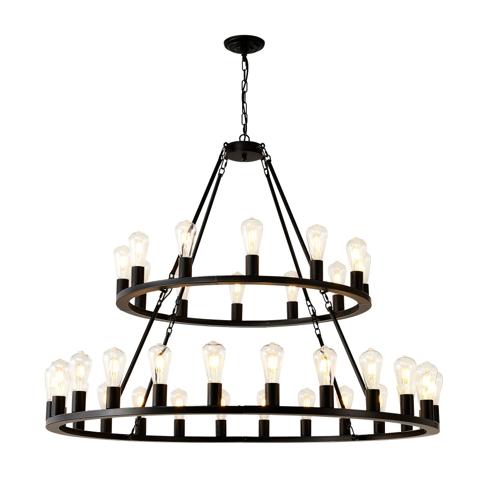 48 Inch Black Extra Large Wagon Wheel Chandelier, 2 Tier 36-Lights(No Include) Farmhouse Industrial Round High Ceiling Pendant Light Adjustable Chain, for Dining Room, Living Room,Kitchen