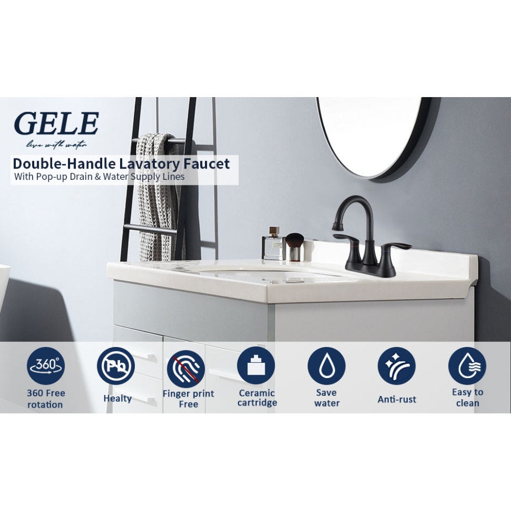 2-Handle 4-Inch Oil Rubbed Bronze Bathroom Faucet, Bathroom Vanity Sink Faucets with Pop-up Drain and Supply Hoses